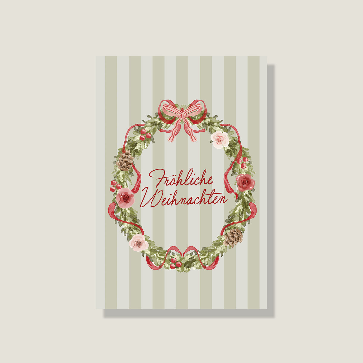 Moderne rosa Weihnachtskarte mit festlicher Tür und „Sending Christmas magic your way“. Süße DIN-A6-Postkarte, im Studio gedruckt.